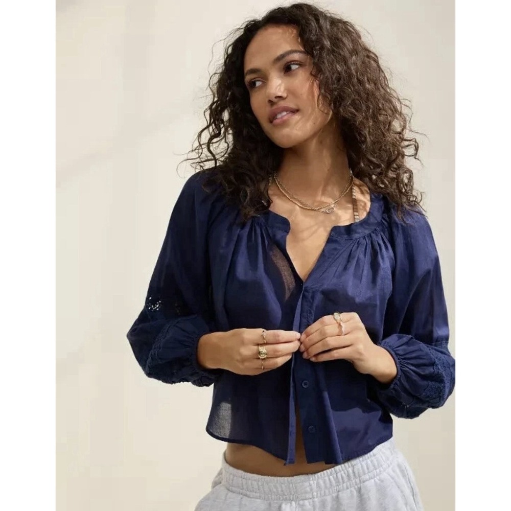 NWOT Aerie Long Sleeve Crochet Button Down Shirt Sz M Boho Festival Beach $55